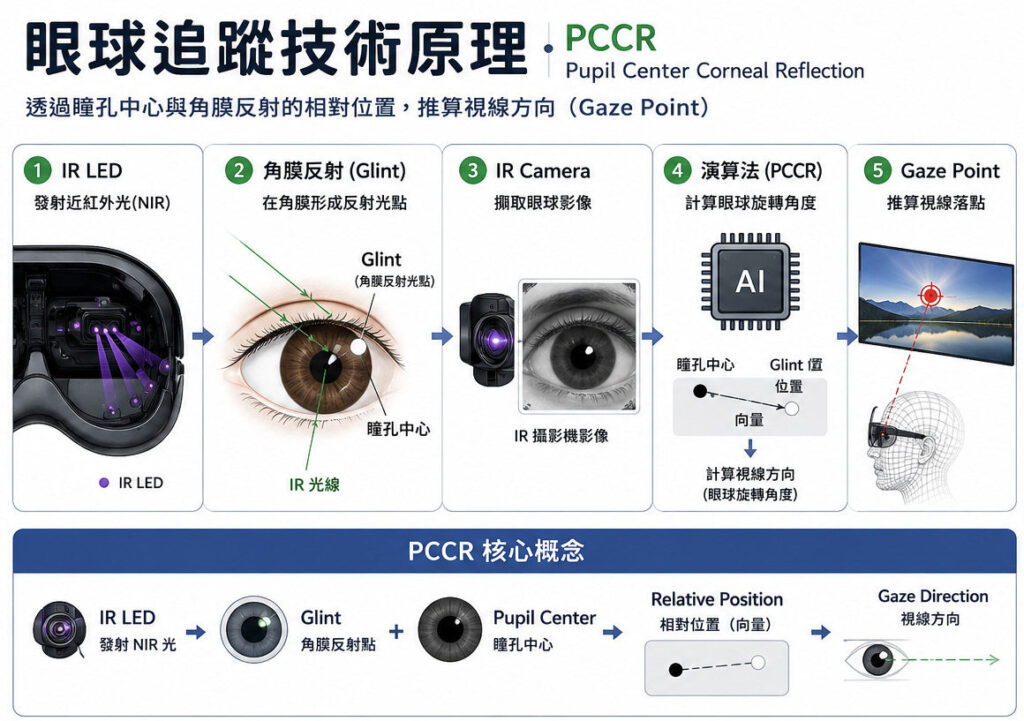 眼球追蹤技術原理,應用在眼鏡上必須使用極小且精準度高的感測器。